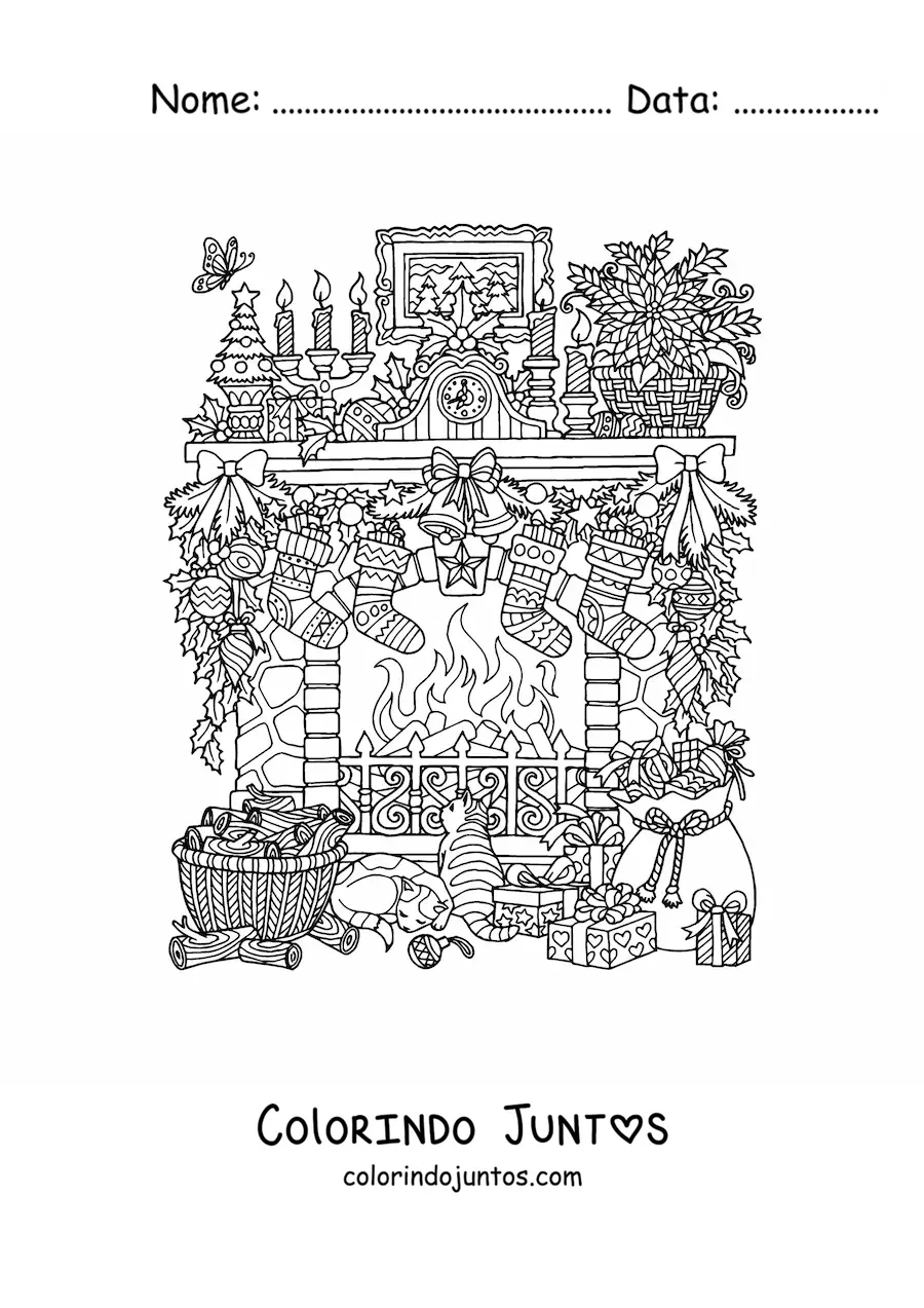Desenho para colorir de lareira realista decorada para o Natal com presentes