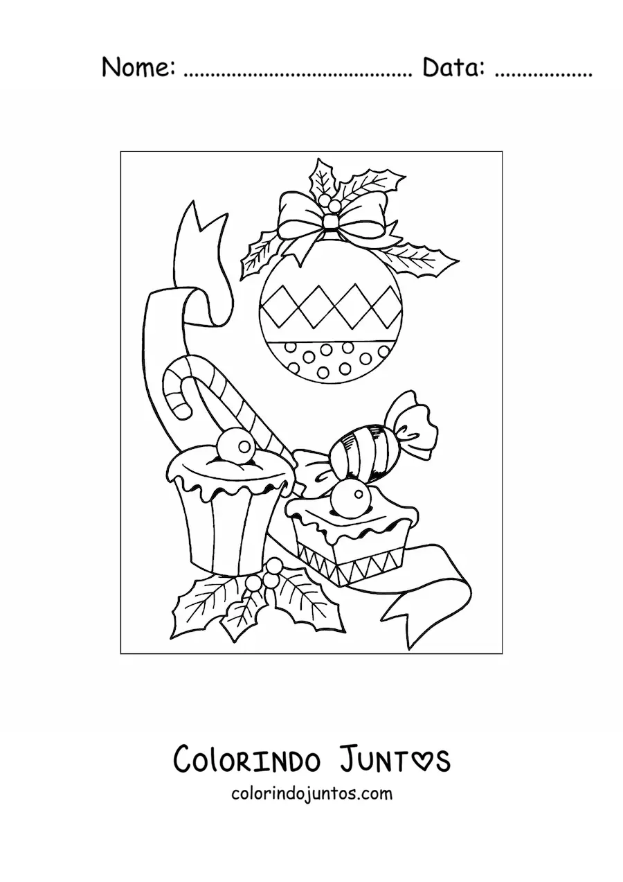 Desenho para colorir de bola de Natal com doces natalinos