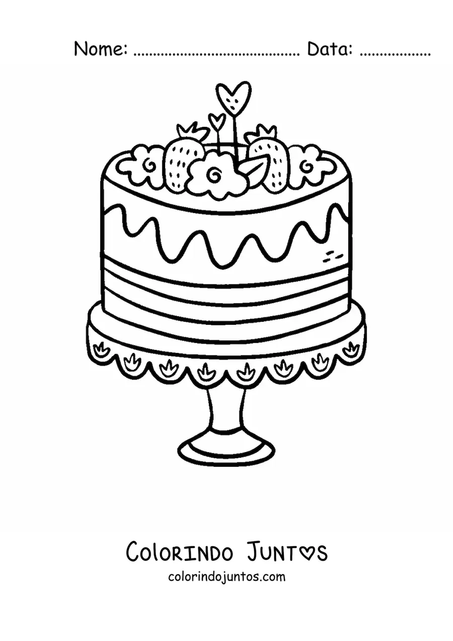 Desenho para colorir de um bolo decorado com morangos e flores