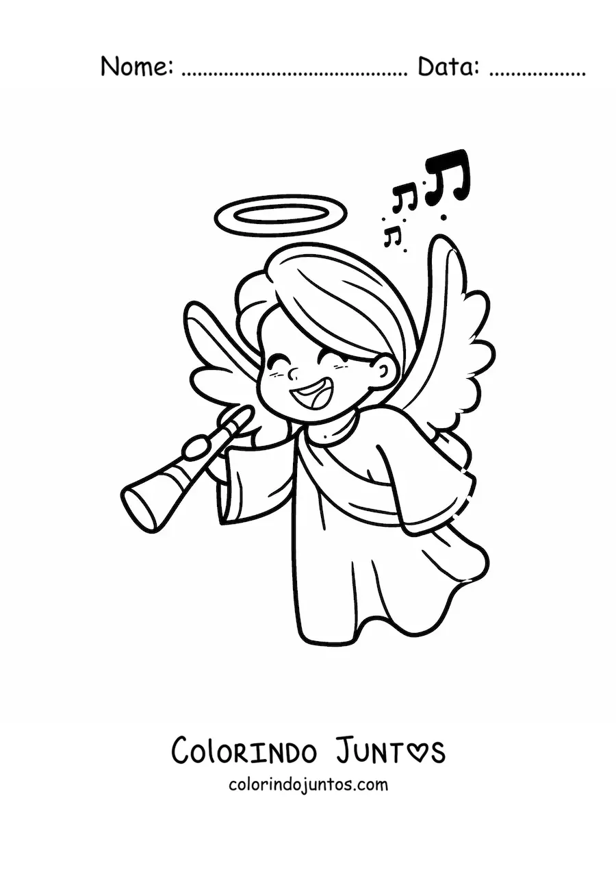Desenho para colorir de anjinho de Natal com flauta