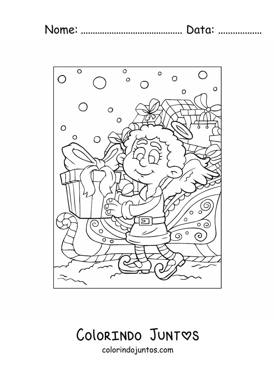 Desenho para colorir de anjo de Natal animado com presentes
