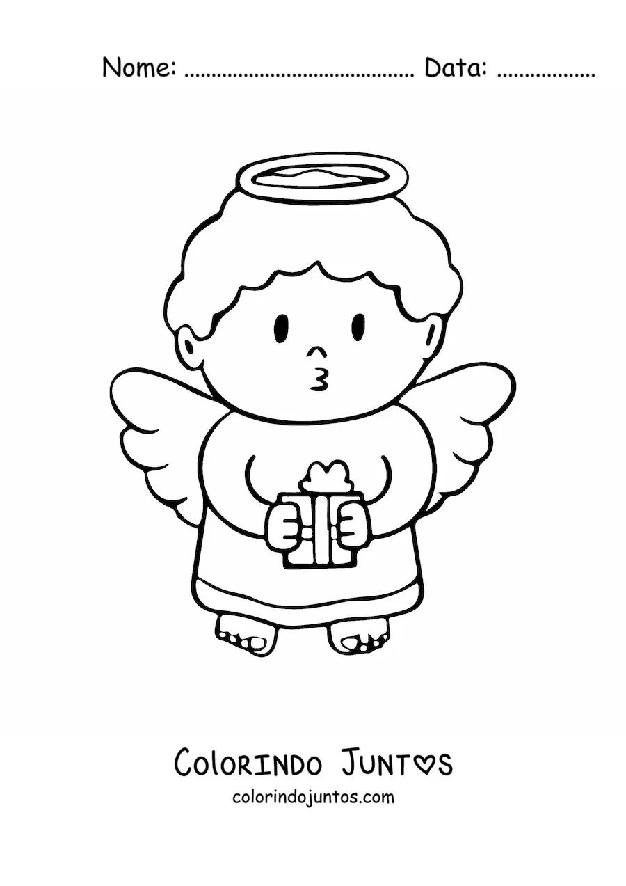 Desenho para colorir de anjo de Natal com presente