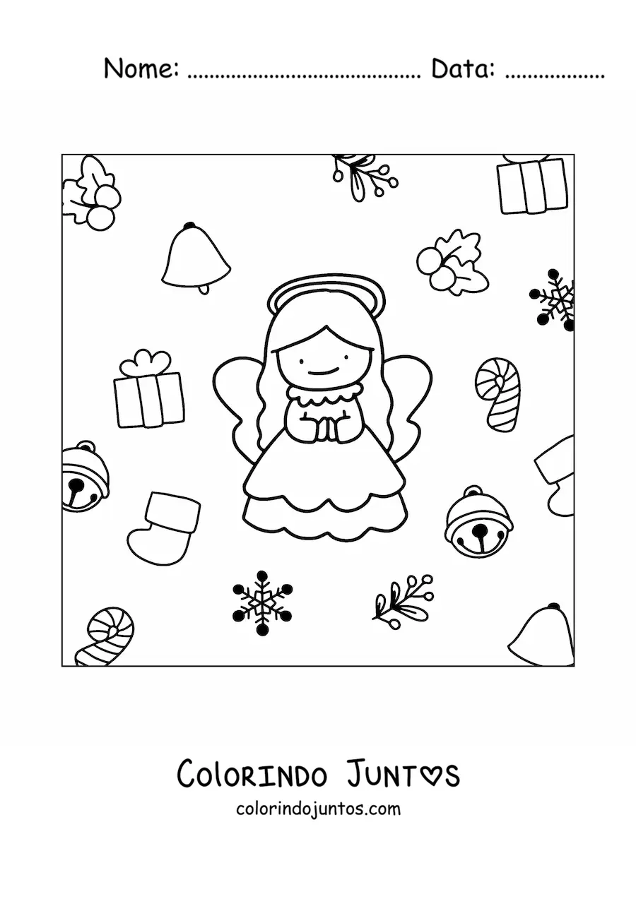 Desenho para colorir de anjo com enfeites de Natal