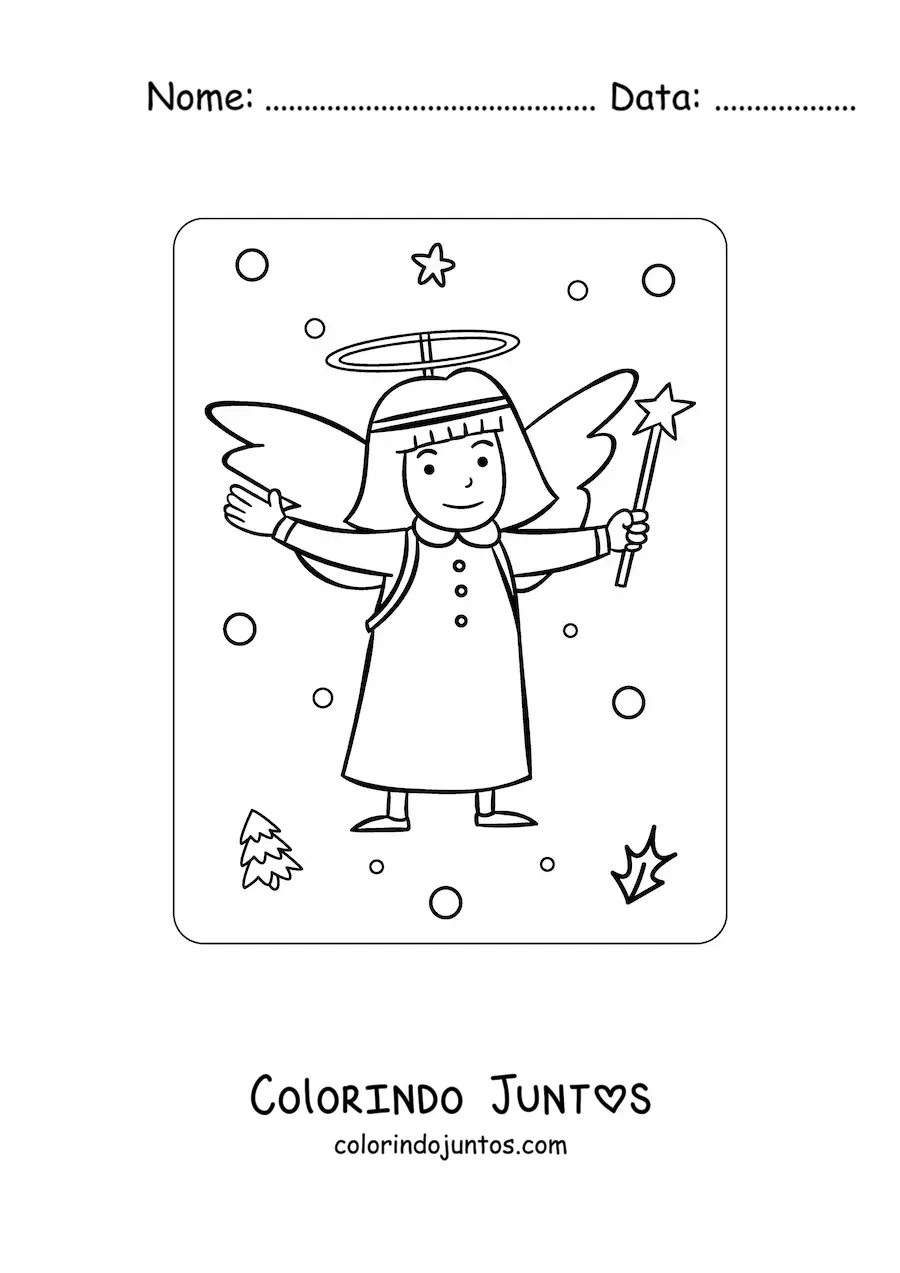 Desenho para colorir de menina fantasiada de anjinho de Natal
