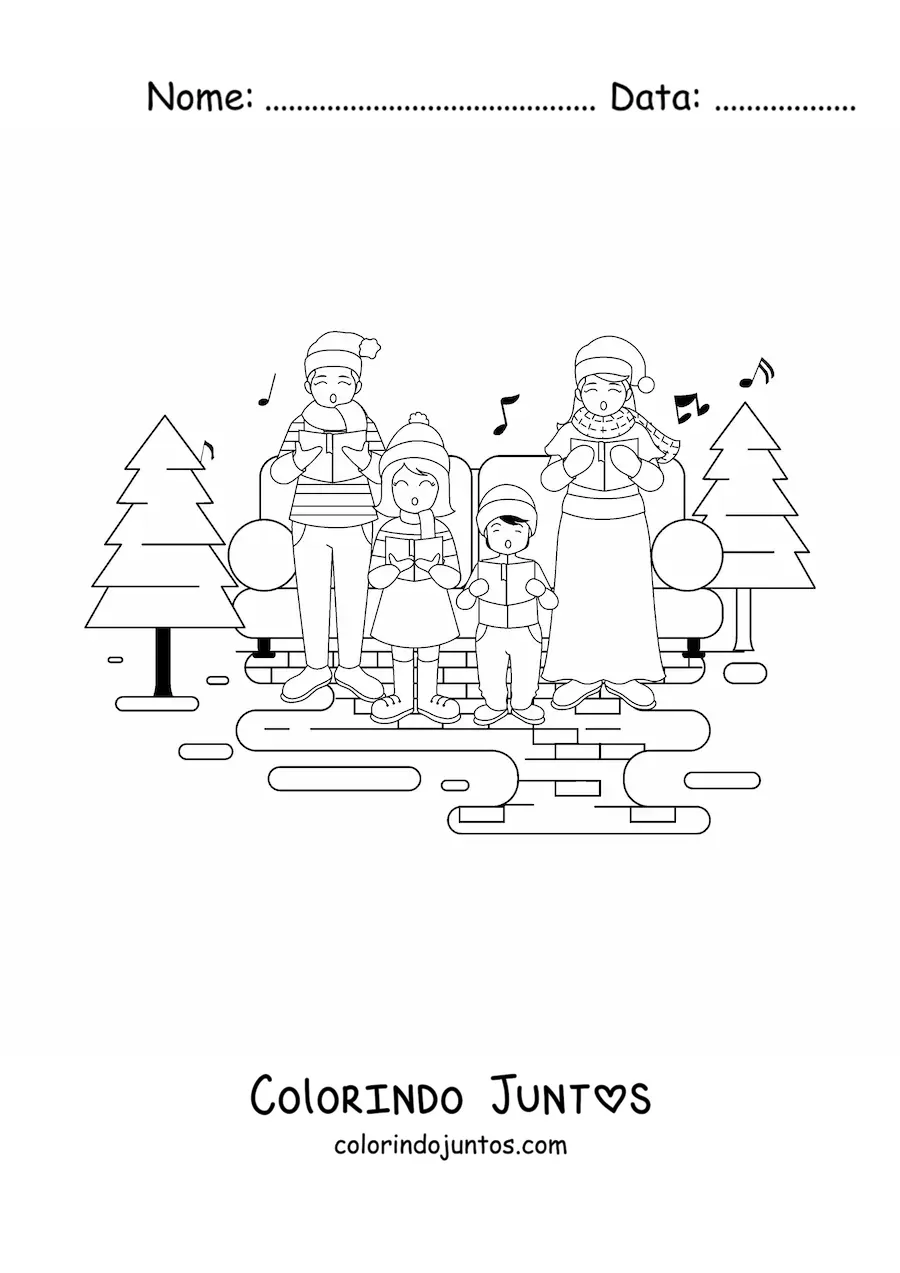 Desenho para colorir de familia grande cantando cancoes de Natal