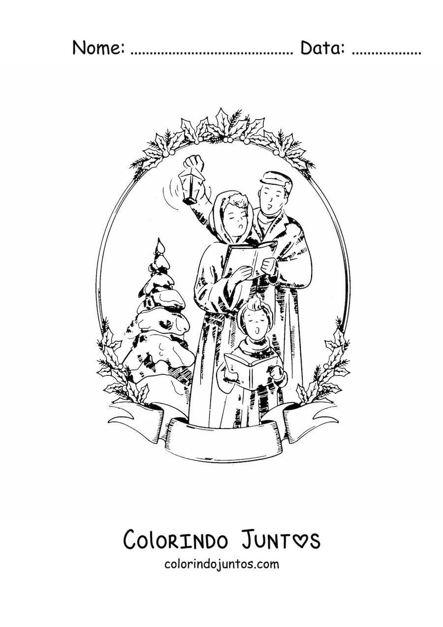 Desenho para colorir de familia vintage cantando cancoes de Natal
