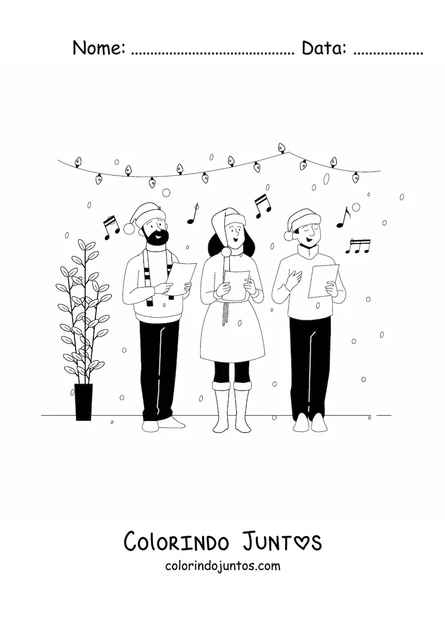 Desenho para colorir de adultos cantando cancoes de Natal