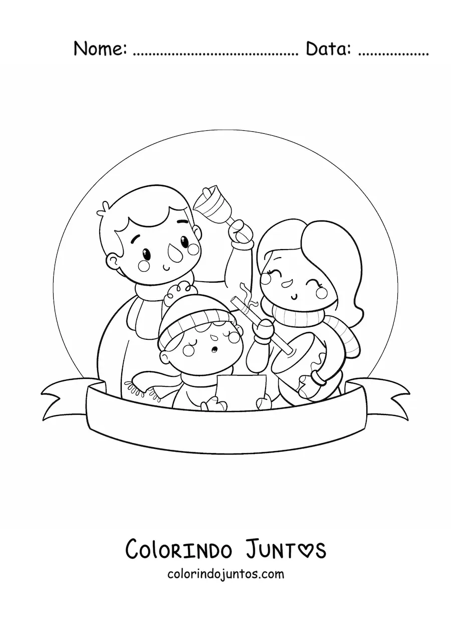 Desenho para colorir de menino com sua familia cantando cancoes para o Menino Jesus