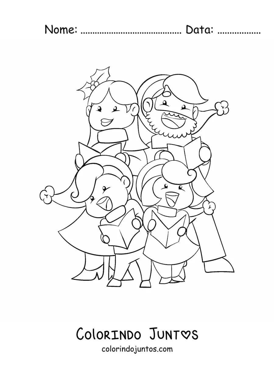 Desenho para colorir de familia cantando cancoes de Natal alegres
