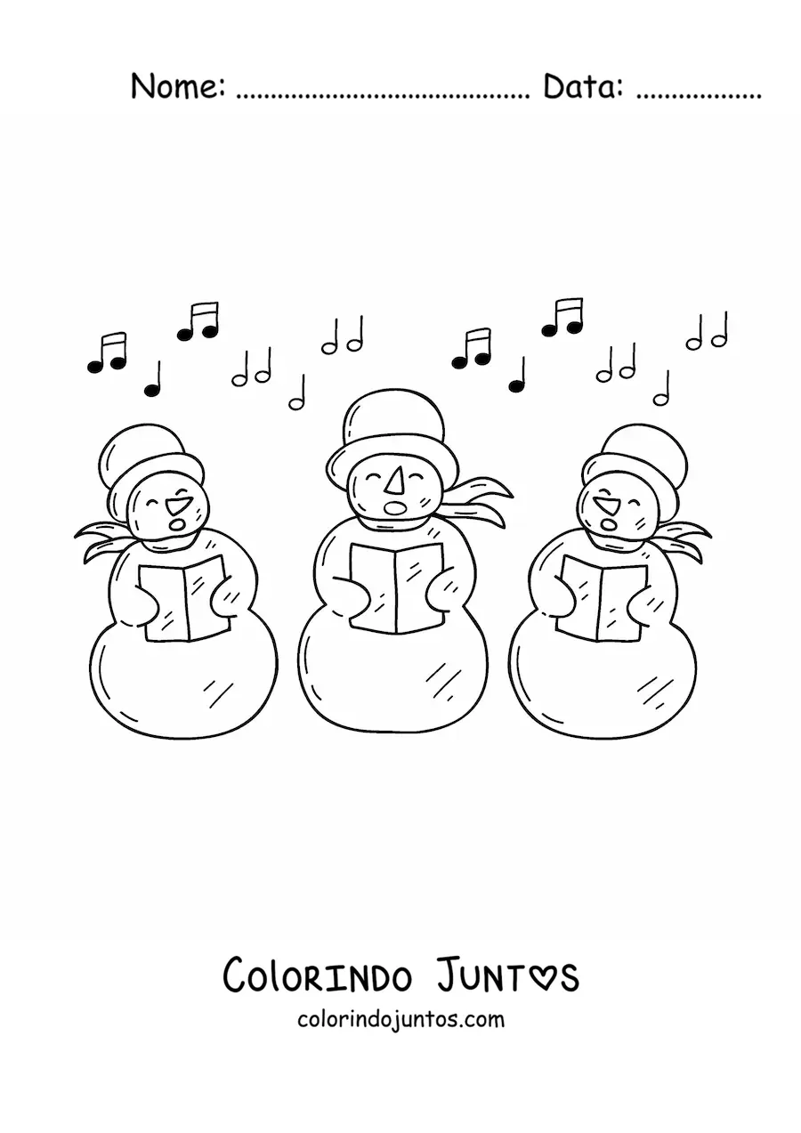 Desenho para colorir de bonecos de neve animados cantando cancoes de Natal