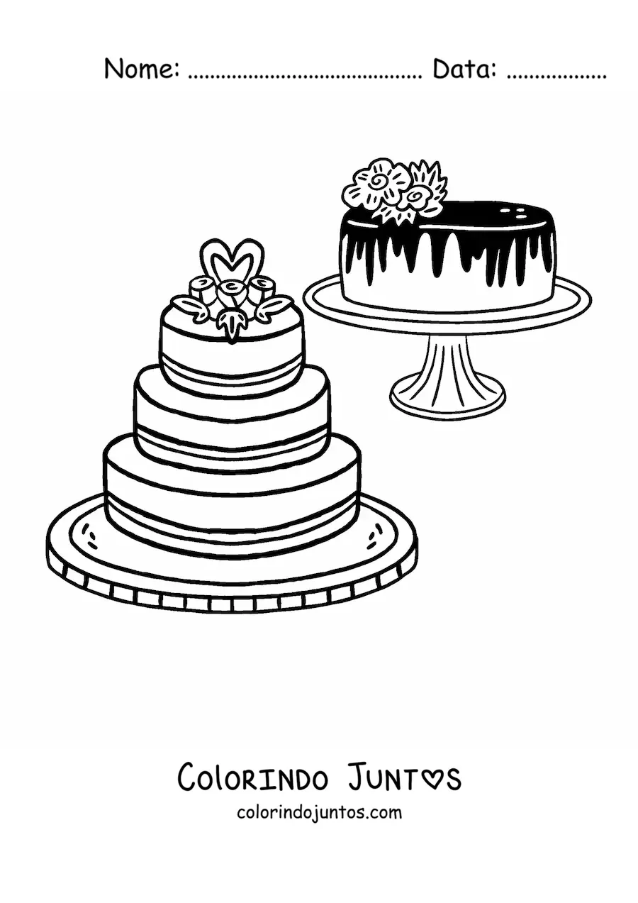 Desenho para colorir de dois bolos de casamento