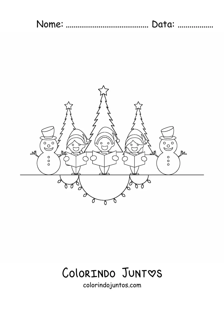 Desenho para colorir de criancas e bonecos de neve animados cantando cancoes de Natal