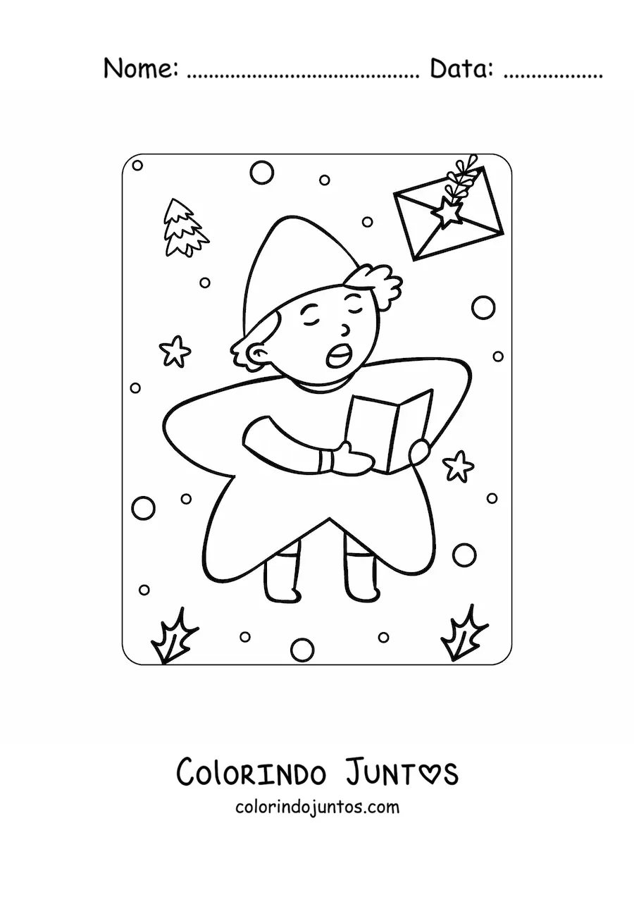 Desenho para colorir de menino fantasiado de estrela cantando cancoes de Natal