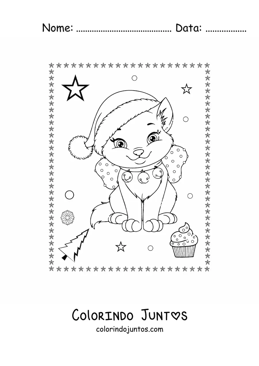 Desenho para colorir de gato natalino kawaii com laco