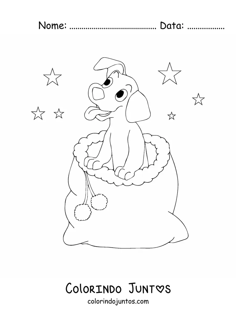 Desenho para colorir de cachorro natalino kawaii em saco de presentes