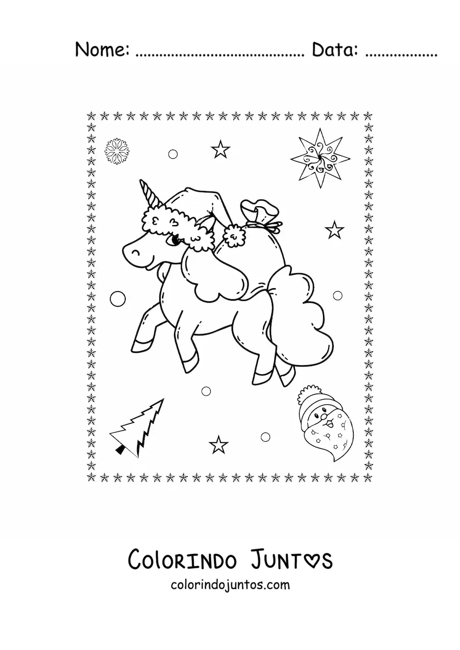 Desenho para colorir de unicornio natalino kawaii com presentes