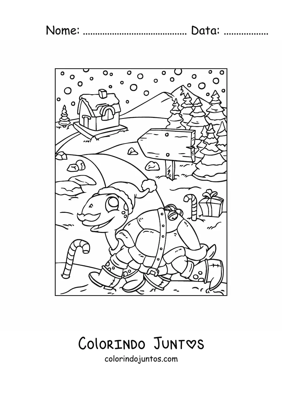 Desenho para colorir de tartaruga natalina animada