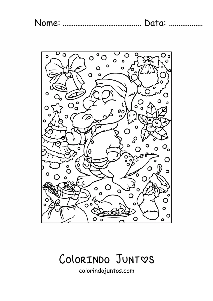 Desenho para colorir de crocodilo natalino animado