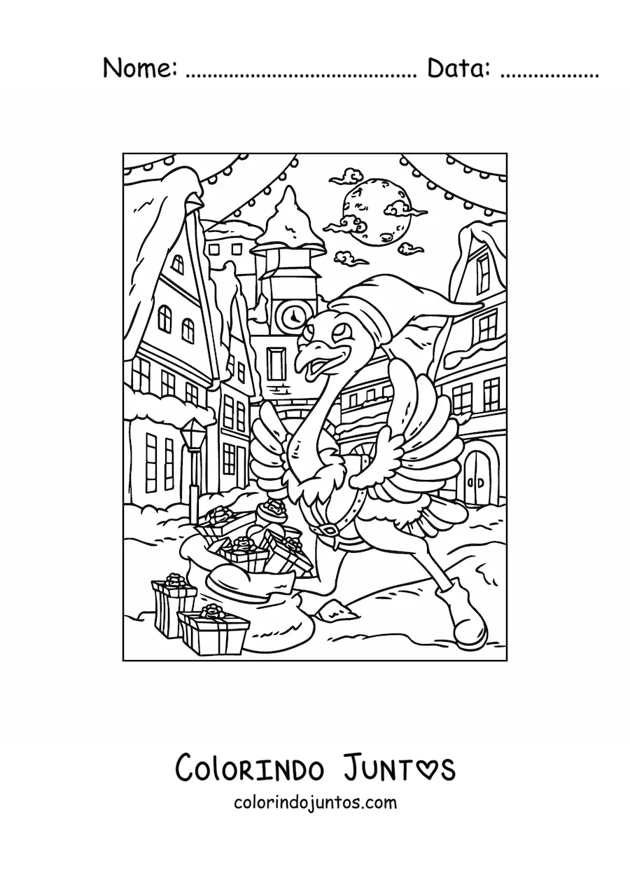 Desenho para colorir de avestruz natalino animado