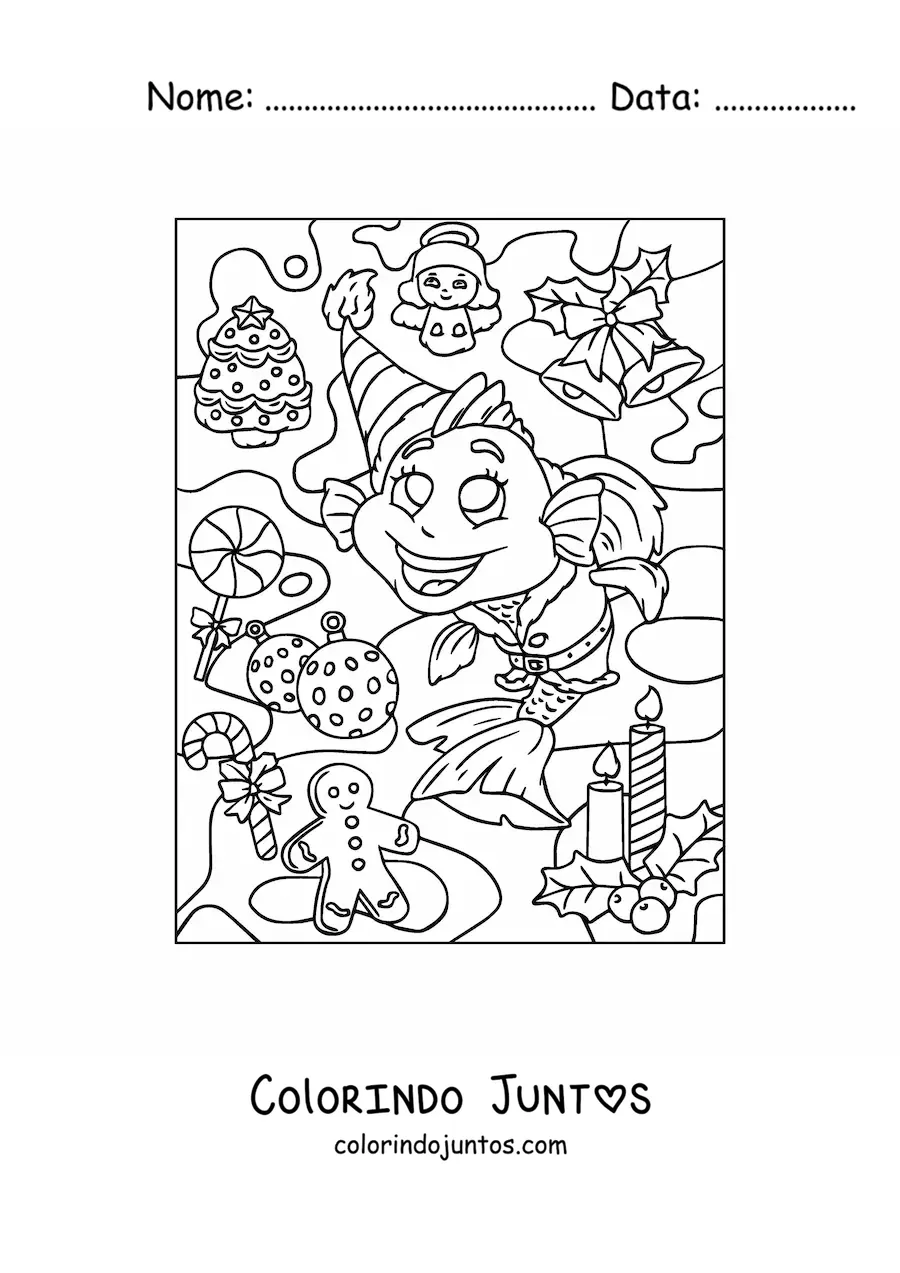 Desenho para colorir de peixe natalino animado