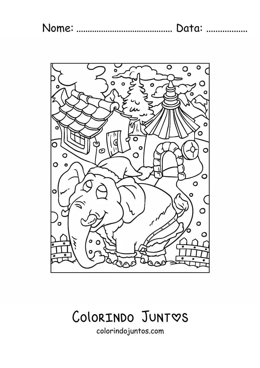Desenho para colorir de elefante natalino animado