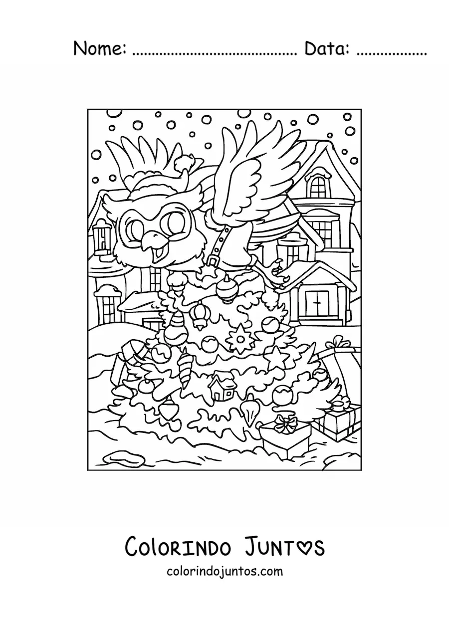 Desenho para colorir de coruja natalina animada