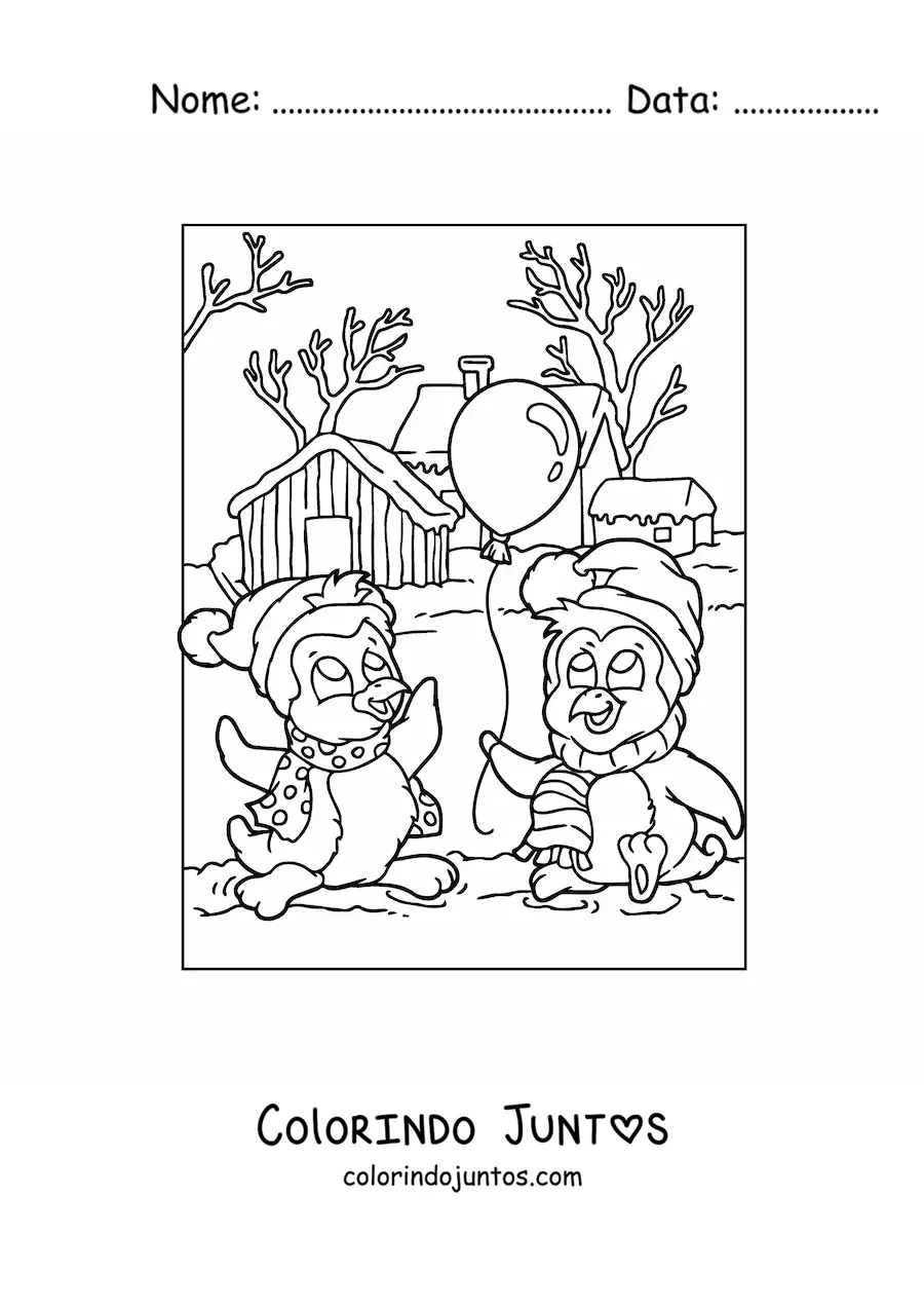 Desenho para colorir de pinguins natalinos animados