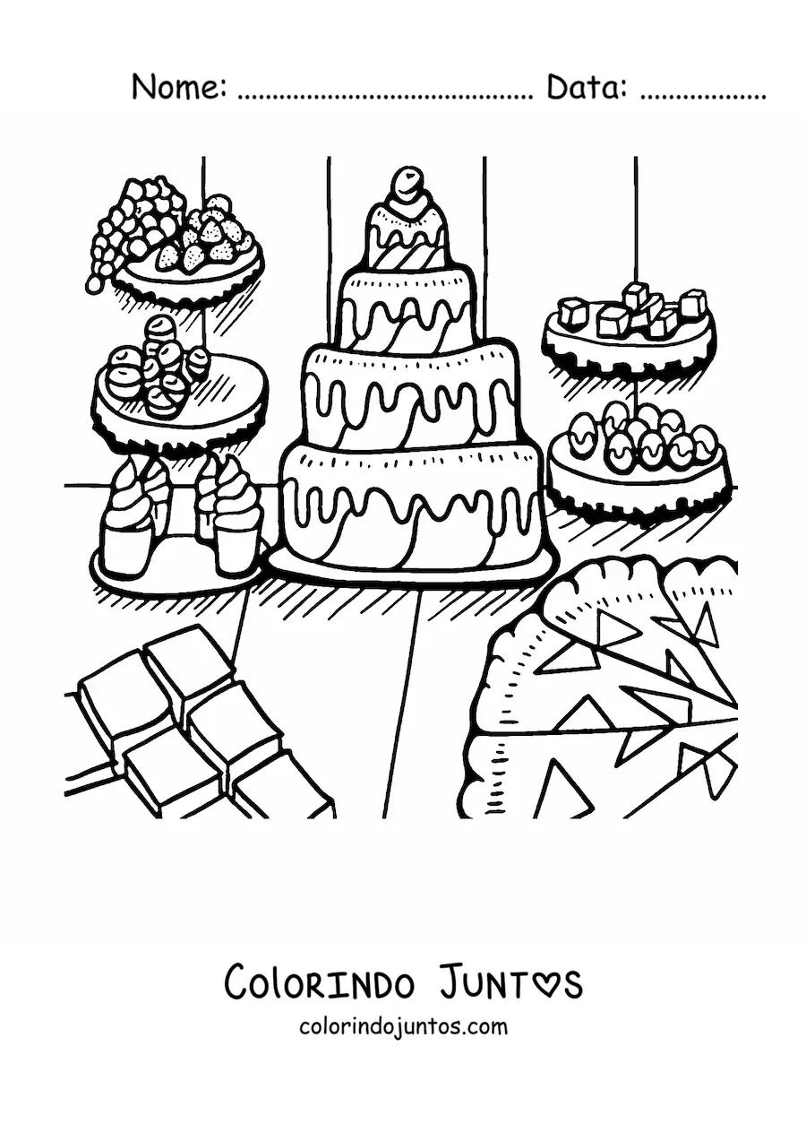 Desenho para colorir de vários bolos e sobremesas