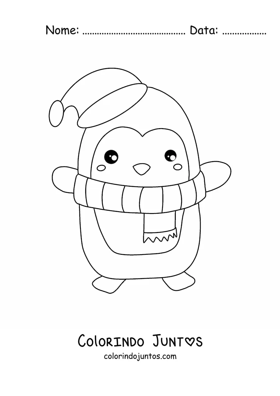 Desenho para colorir de pinguim natalino animado