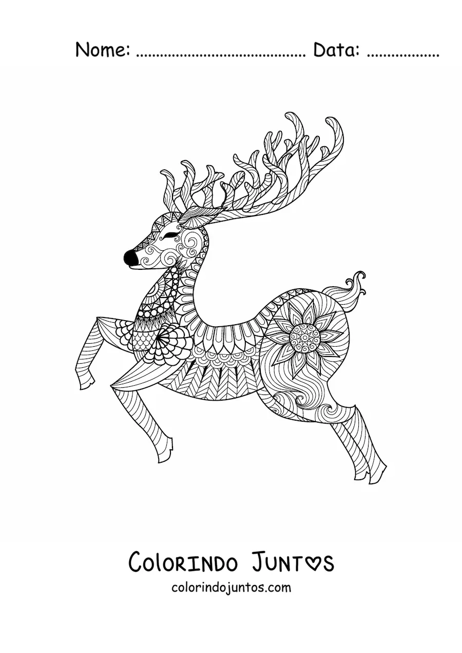 Desenho para colorir de cervo natalino em estilo zentangle