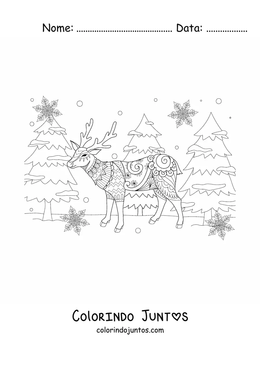 Desenho para colorir de cervo natalino em estilo zentangle com pinheiros