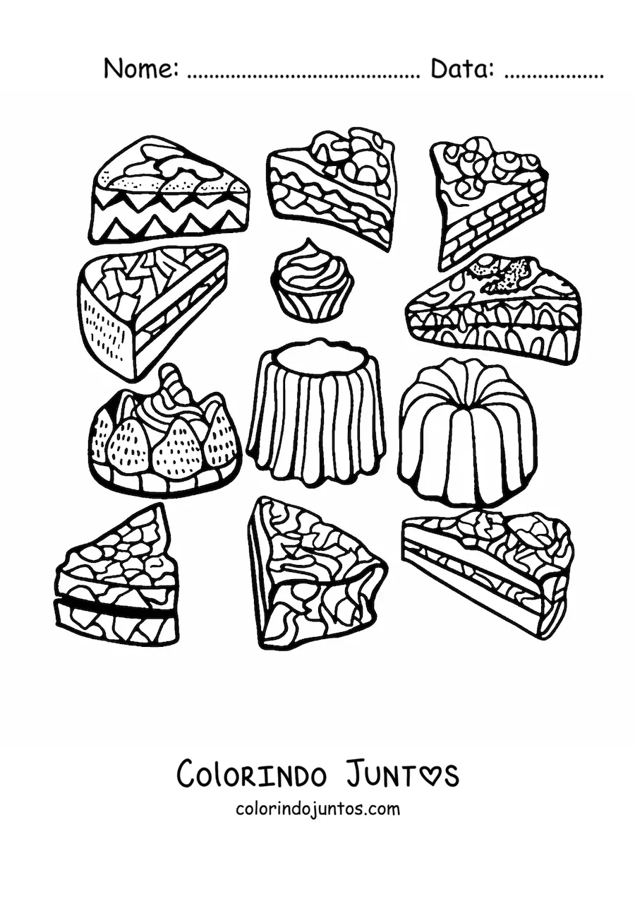 Desenho para colorir de várias fatias de bolos e sobremesas