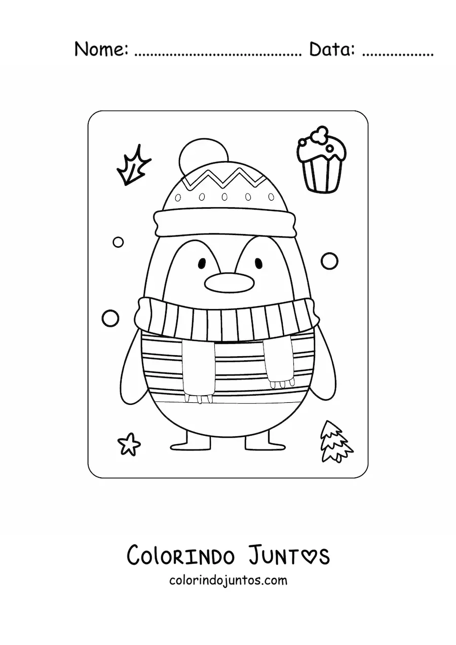 Desenho para colorir de pinguim natalino com cachecol e gorro