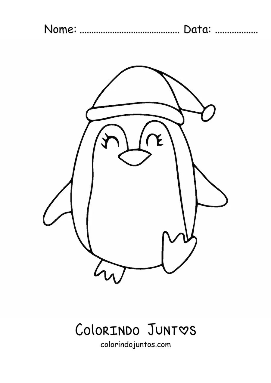 Desenho para colorir de pinguim natalino caminhando