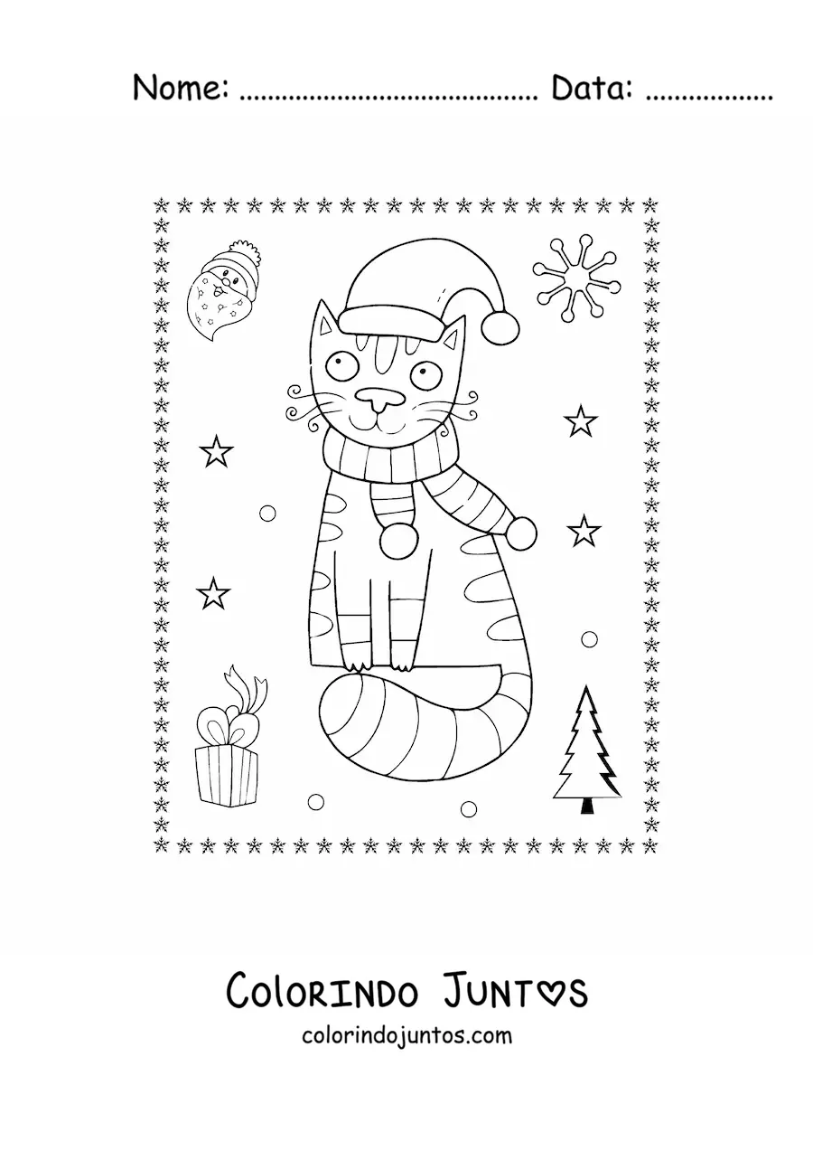 Desenho para colorir de gato natalino com cachecol