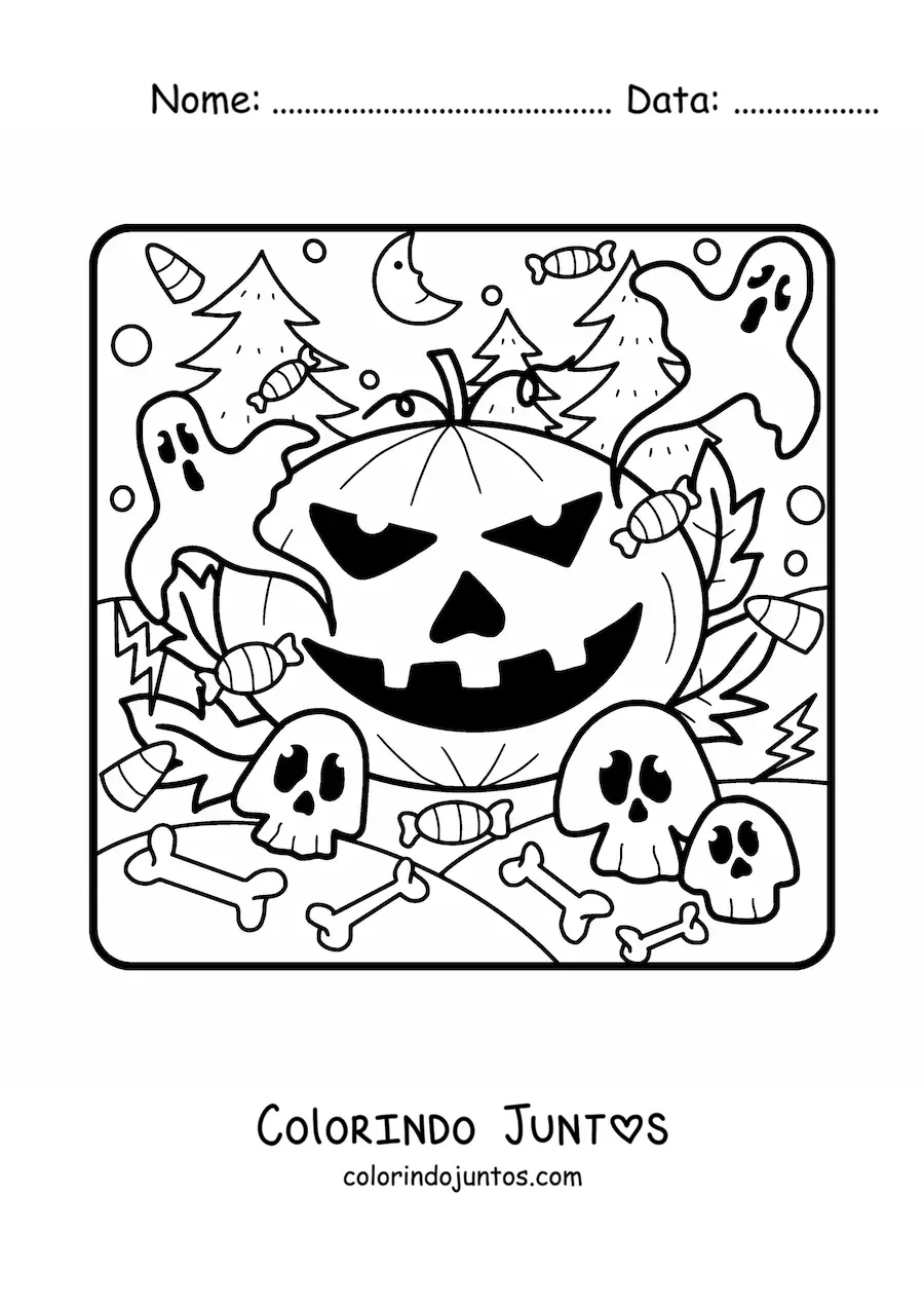 Desenho para colorir de abobora de Halloween grande com fantasmas