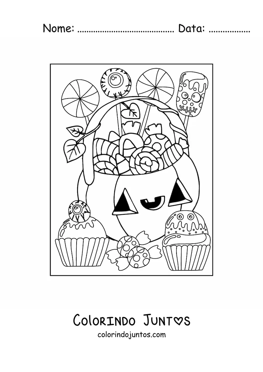 Desenho para colorir de abobora de Halloween kawaii com doces