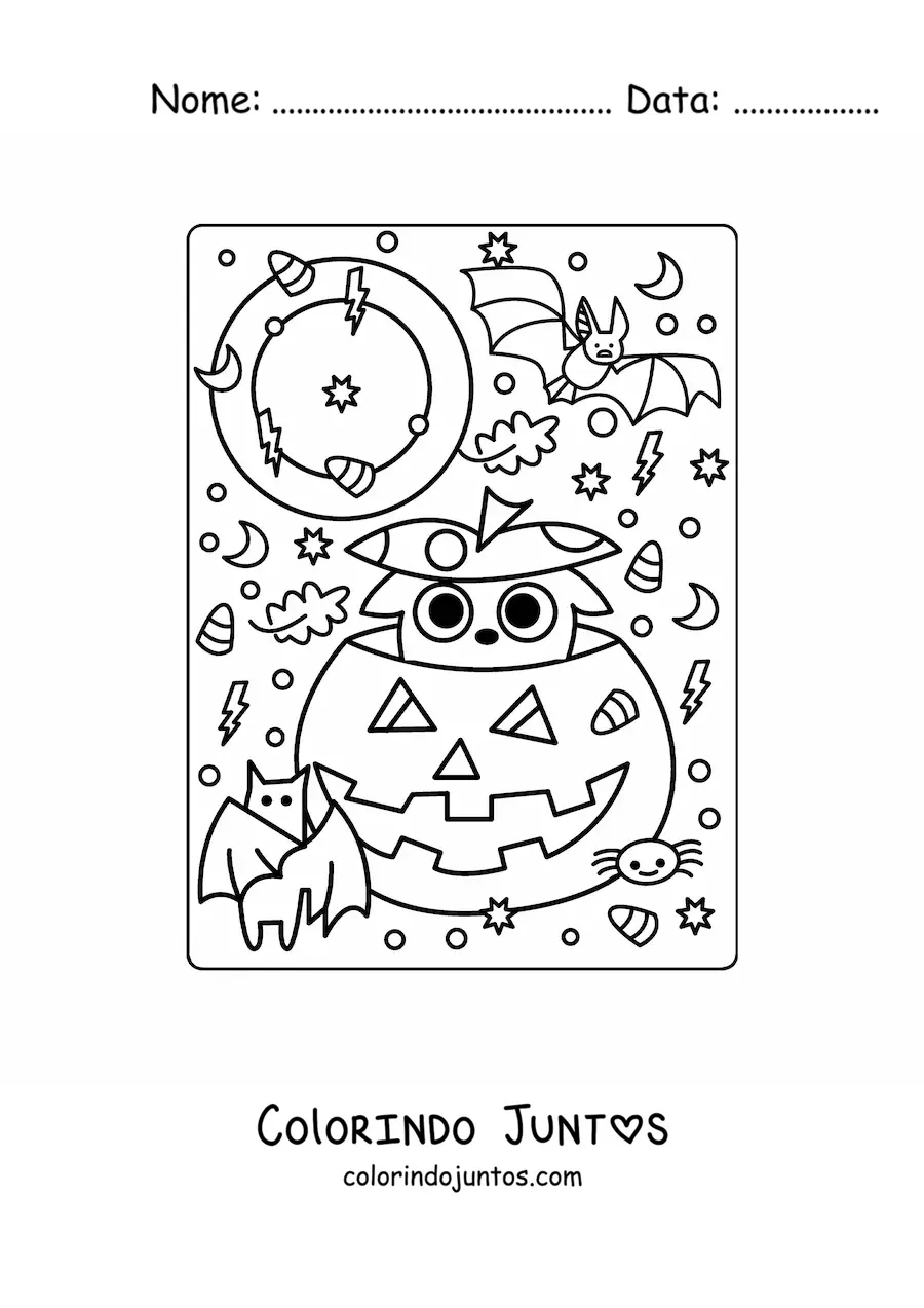 Desenho para colorir de abobora de Halloween animada com gato kawaii