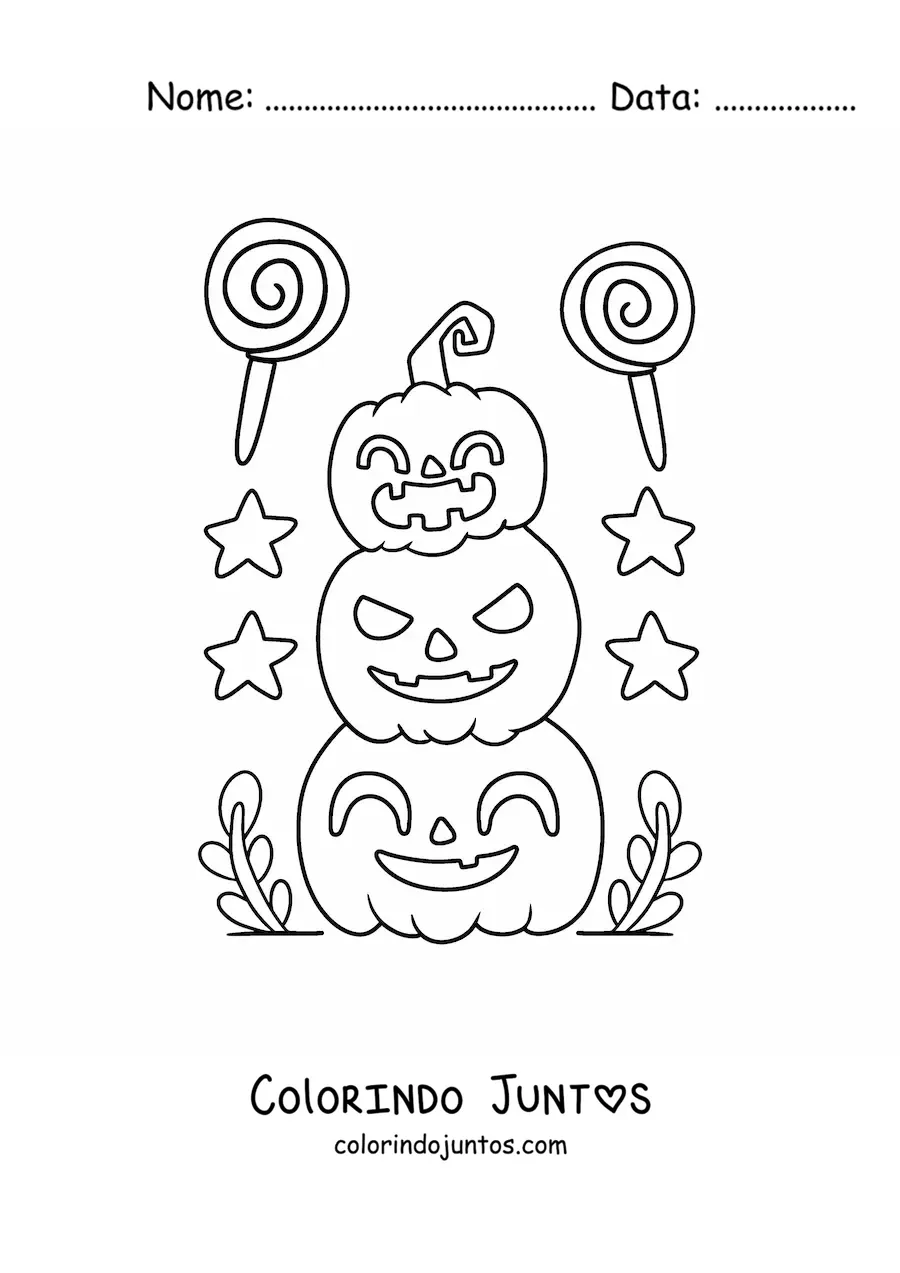 Desenho para colorir de aboboras de Halloween fofas com doces