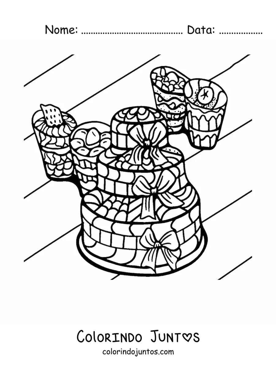 Desenho para colorir de um bolo ao lado de várias sobremesas