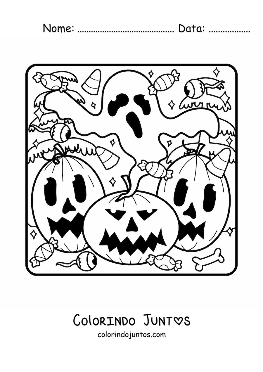 Desenho para colorir de aboboras de Halloween juntas com fantasma