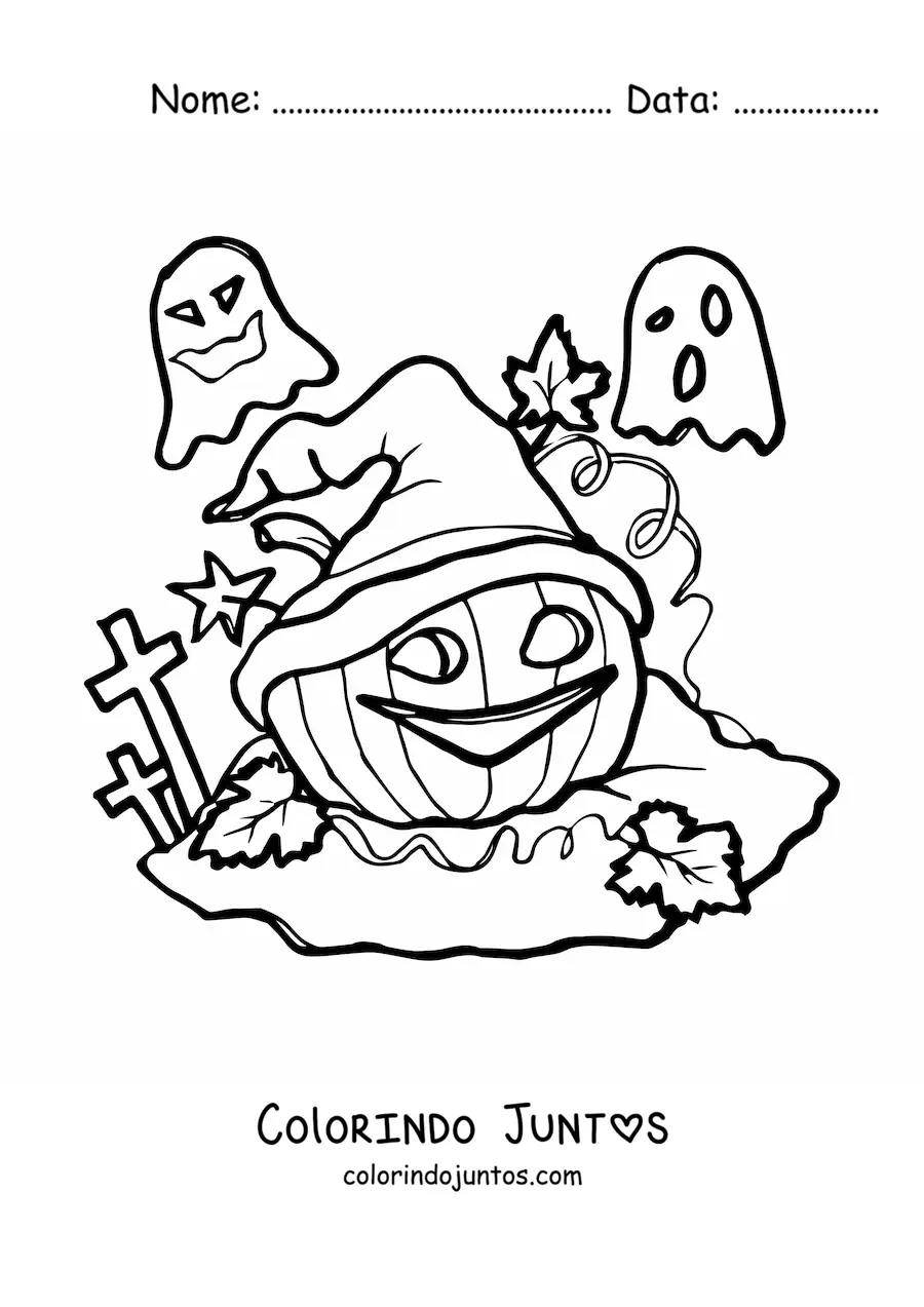 Desenho para colorir de abobora de Halloween gigante com chapeu