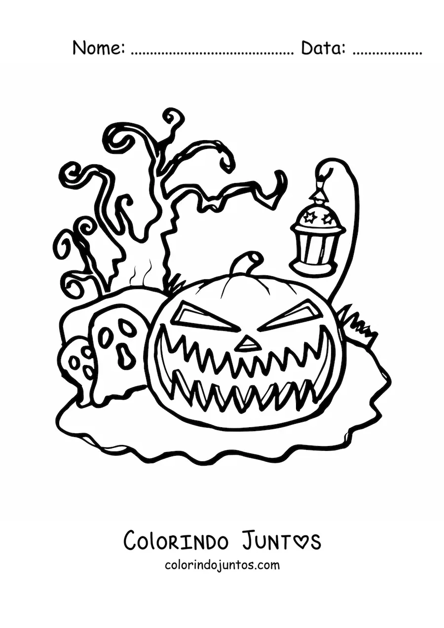 Desenho para colorir de abobora de Halloween assustadora com lanterna