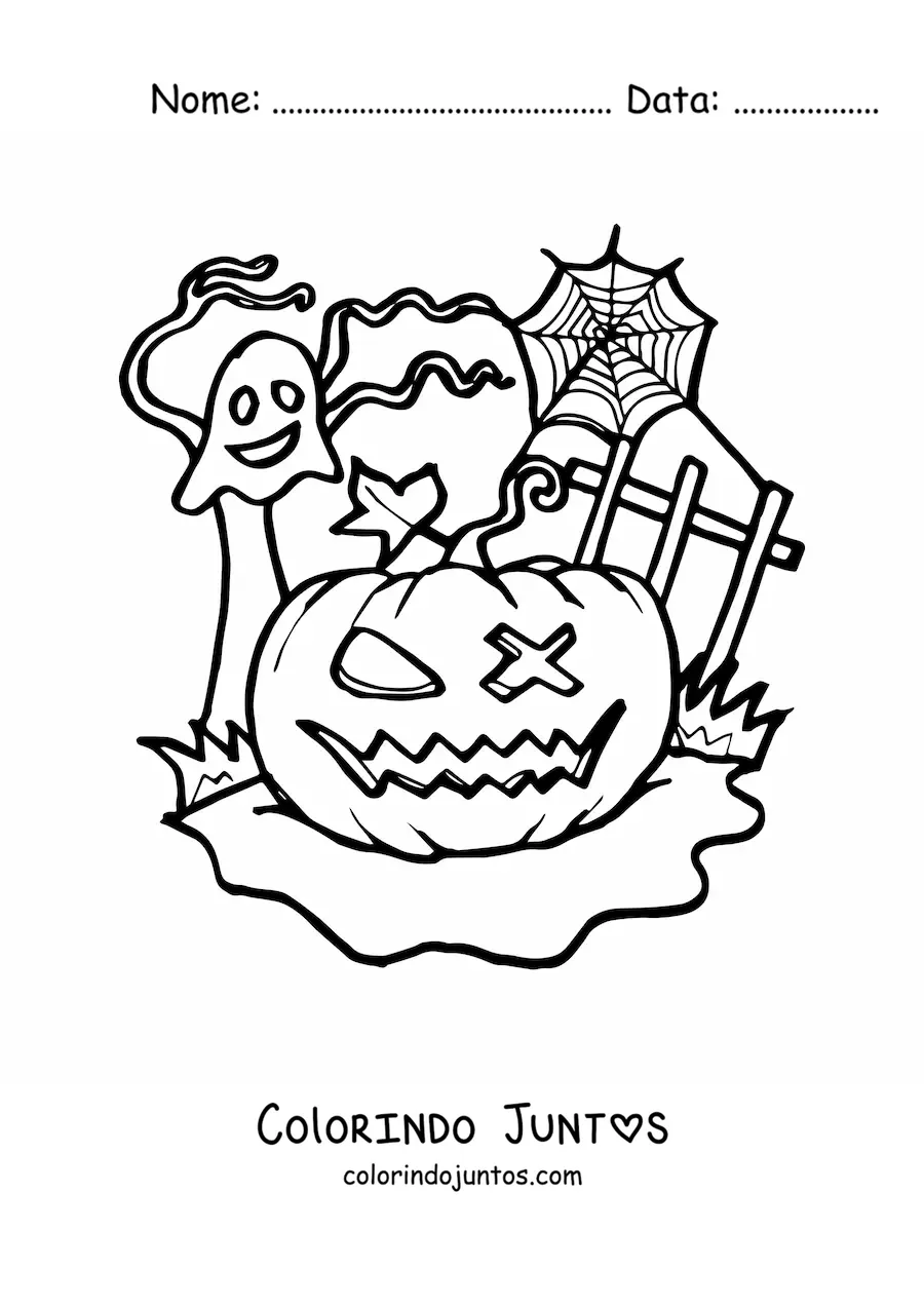 Desenho para colorir de abobora de Halloween assustadora com fantasma e teias de aranha