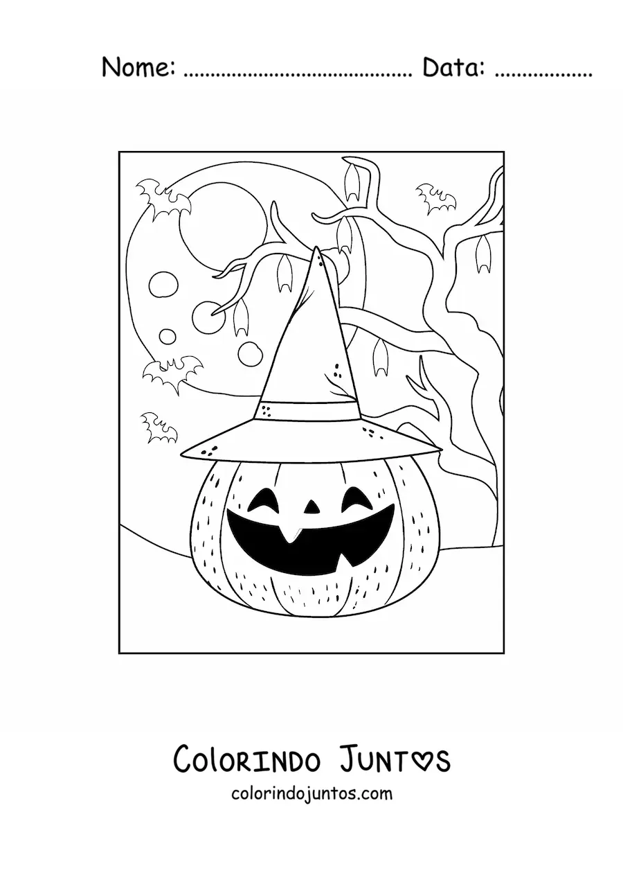 Desenho para colorir de abobora de Halloween kawaii com chapeu