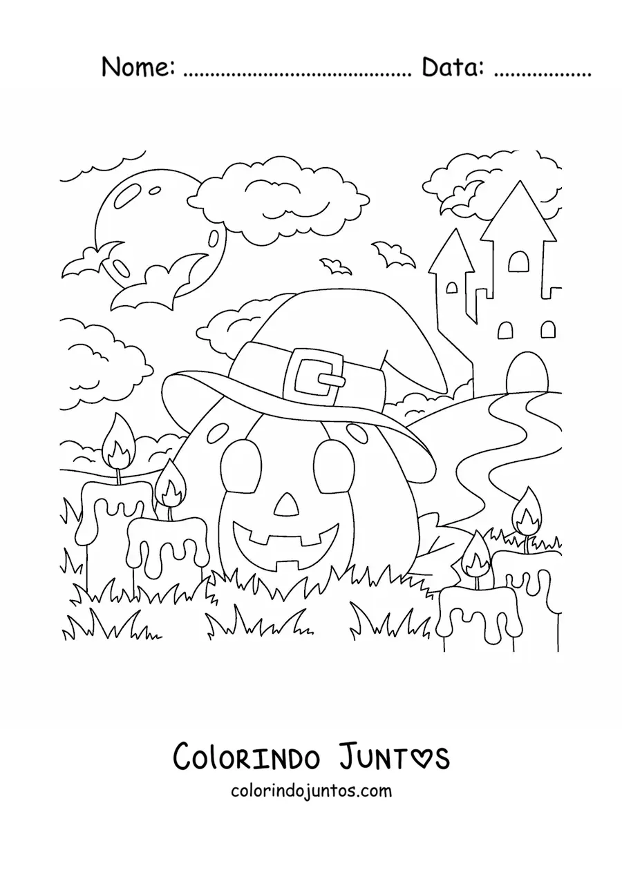 Desenho para colorir de abobora de Halloween kawaii com chapeu e velas