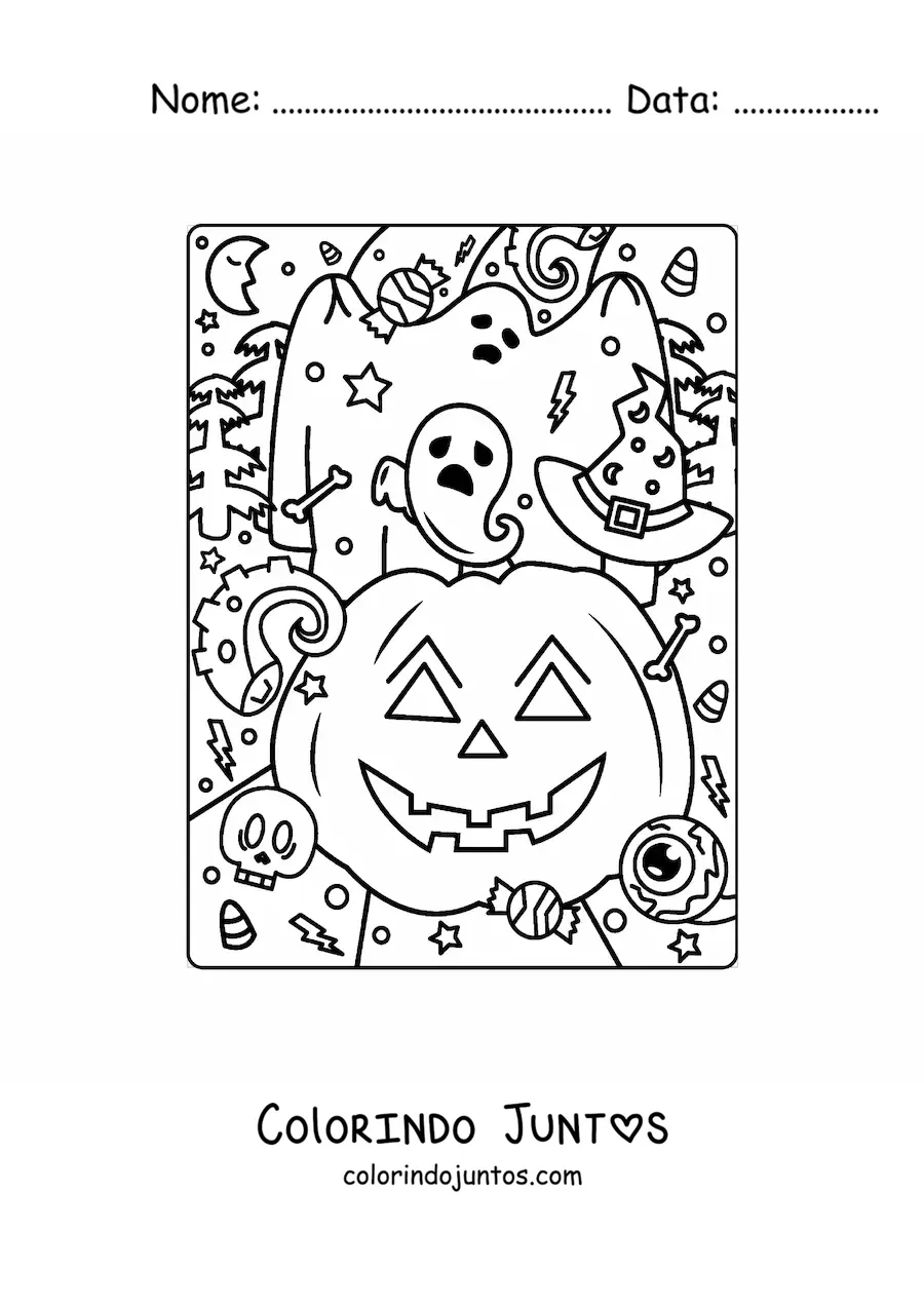 Desenho para colorir de abobora de Halloween fofa com fantasma e doces