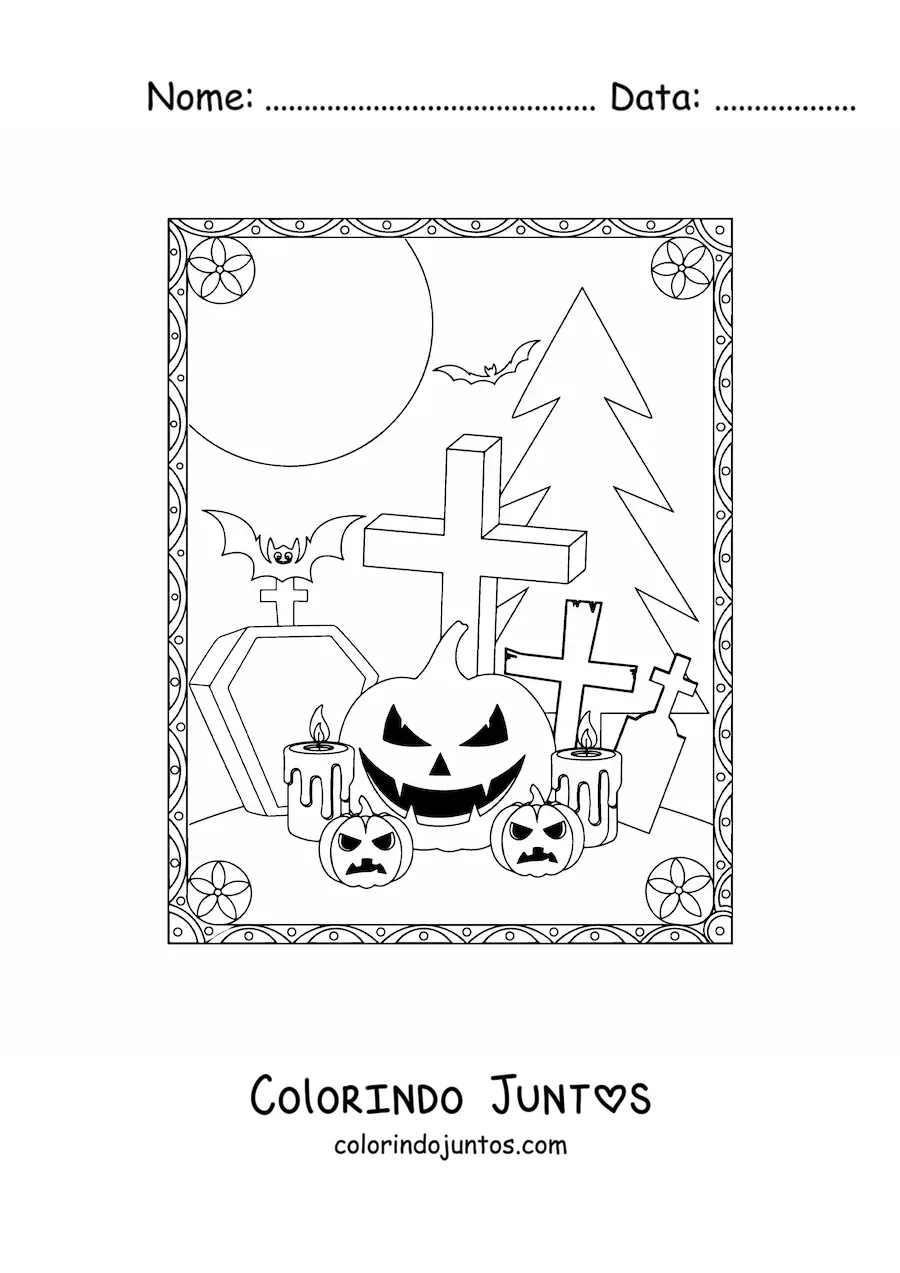 Desenho para colorir de aboboras de Halloween aterrorizantes com tumulos e morcegos