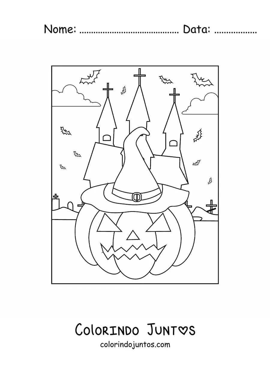 Desenho para colorir de abobora de Halloween simples com chapeu e morcegos