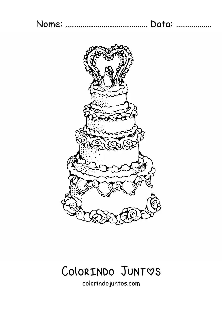Desenho para colorir de um bolo de casamento enfeitado com um coração